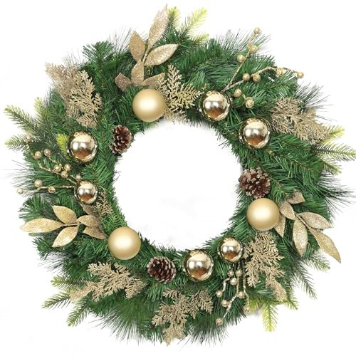 Weldomcor 60cm Weihnachtskranz für Tür, Türkranz Weihnachten Haustür Deko mit Kiefernzapfen Tannennadeln Beere Rot Kugeln Zweigen Adventskranz für Fenster Kamin Wanddekoration (Gold)