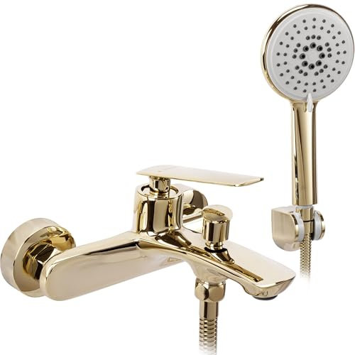 Rea Robinet de baignoire Gold Mitigeur de bain avec douchette en laiton pour salle de bain chaude et froide réglable (Or)