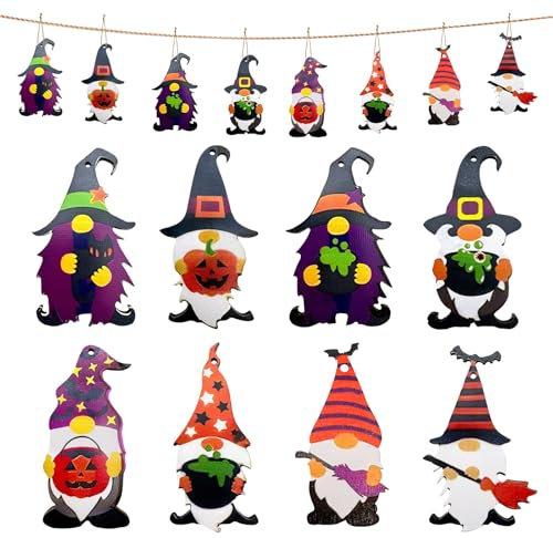 Vordpe 24 Stück Halloween Holzzwerg, Herbst deko zum Aufhängen, Holzanhänger,DIY Zwerg für Halloween Deko Baum Fenster Tisch Wand Zelebrieren Zubehor