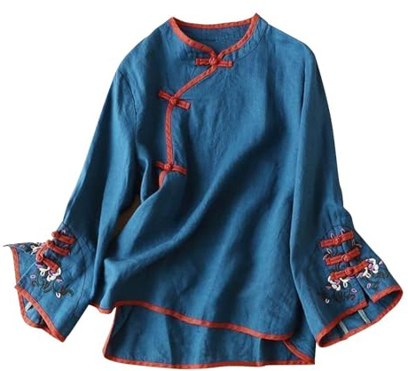 Chemise Femme Longue Costume Traditionnel Chinois Chemisier Femmes Coton Lin Cloche Chemises à Manches Longues Grenouille Bouton Hauts Cheongsam Tee Shirt Manche Longue Femme Coton (Blue, XXL)