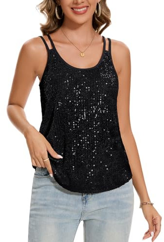 MINTLIMIT Damen Ärmellos Tunika Glitzer Tank Top Elegant Festlich Vest Top Spaghetti Oberteil (Schwarz L)