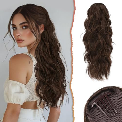 Sofeiyan Ponytail Extension, 60 cm Gewellt Pferdeschwanz Haarteil mit Kordelzug Lang Zopf Pferdeschwanz Synthetisch Comb Clip in Haarteile Pferdeschwanz Haarverlängerung für Frauen, Braun & Hellauburn