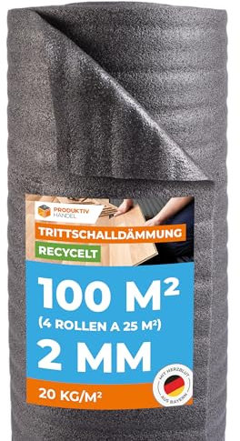 Trittschalldämmung 2mm Profi Basic 100m² | recycelte PE-Schaumfolie | 4 Rollen als Laminat- und Parkettunterlage zur Wärmedämmung | Fußbodenheizung geeignet