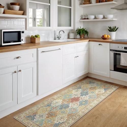 BEIMO Waschbarer Rutschfester Lang Läufer Teppich 80x300 cm, Vintage Flora Stil Läufer, Leicht, Farbecht und Strapazierfähig, Läufer für Flur, Treppe und Eingangsbereich