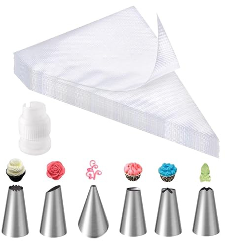 Spritzbeutel Einweg, 100 Stück Spritzbeutel Set+6 Spritztüllen+1 Kuchen Kupplung für Spritztüllen, Große Spritzbeutel Set, Profi-Spritzbeutel für Dekorieren Von Gebäck, Torten Geeignet, Cupcakes