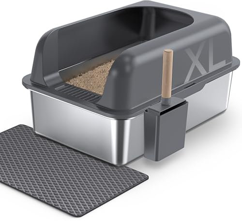Gimars XL Katzenklo Edelstahl, Große Katzentoilette aus Metall 20L mit Streuschaufel & Matte, Edelstahl Katzenklo für mittelgroße & große Katzen