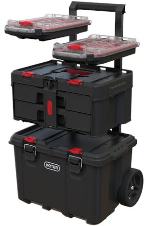Keter Stack-n-Roll Modular Tools Organizer for Garage Storage and DIY, 4 Piece Resin Rolling Tool Box System for Small Parts, Black