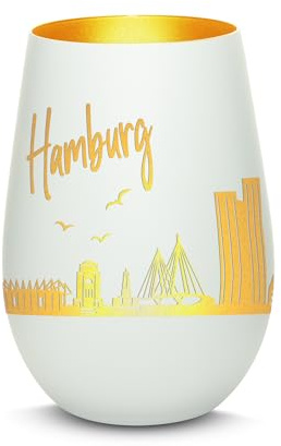 Gravur-Max Windlicht mit 360° Gravur Skyline Hamburg Deko Glaslicht als tolles Geschenk mit Einer hochwertigen Lasergravur zu jedem Anlass in der Farbe Weiß/Gold