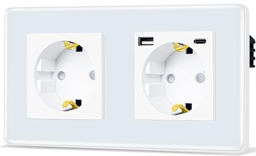 TAWOIA Schuko Steckdose, EU-Standard 2 Fach Steckdosen Mit 20W(MAX 4A) USB Schnelllade Schnittstelle Mit 2,5D Curved Glas Platte, Wandsteckdosen Weiß 86 * 157mm