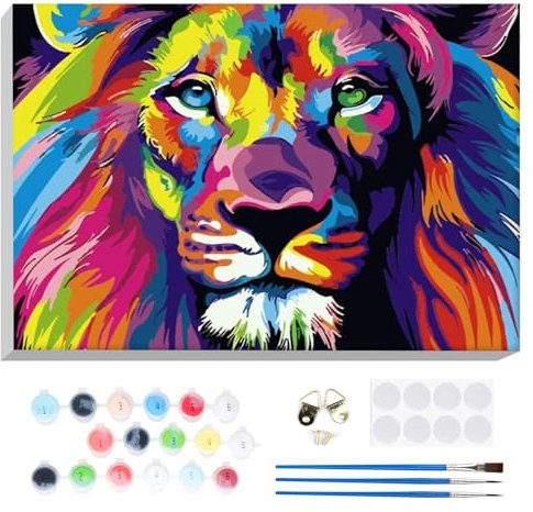 Lxmsja Lion Coloré Peinture Numero Adulte avec Cadre, Peinture par Numero Animaux, Peinture Acrylique Lion Numéro d'art avec 3 Pinceaux, Loisirs Créatifs Adultes, Activité Manuelle Adulte, 20x30cm