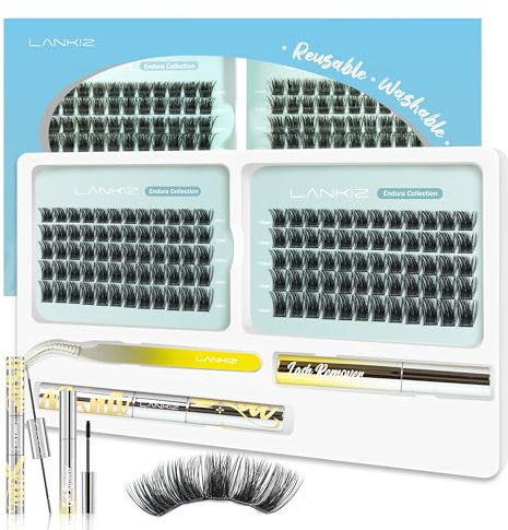 Cluster Lashes Kit - 10-16mm C Curl 120PCS Reusable Individual Eyelashes Kit with Lash Bond Seal Remover Tweezers - LANKIZ Russian Wispy Eyelash Clusters Long-Lasting All Day