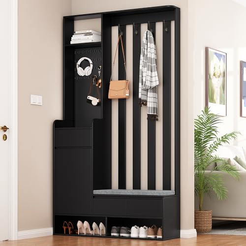 LULUWA Flurgarderobe mit Gepolsterter Aufbewahrungsbank, Moderne Garderobe mit 4 Haken und Stecktafel Multifunktionaler Flur-Schuhschrank für Eingangsbereich Waschküche H180/B100/T35 cm