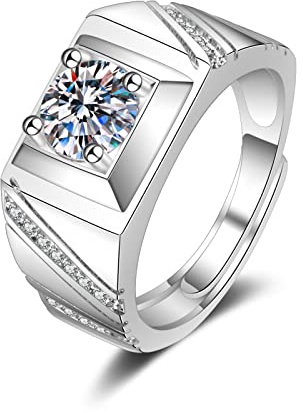 Lirzxin Ehering Weißgold Herren 750 18 Karat, Verlobung Ring Männer Verstellbar Breit Siegelring mit Rund Erstellter Diamant Freundschaftsringe Weißgold Gr. 61 (19.4)