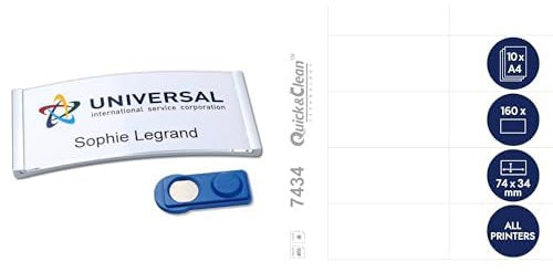 AVERY Zweckform polar35 Namensschilder 20 Stück (80x34mm, mit Magnet, verdrehsicher) edelstahl, matt + DPC7434A-10 Einsteckschilder für Namensschilder 160 Stück (74x34mm, bedruckbar, für polar35) weiß