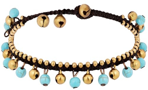 Hanary Bohemian Style Anklet with Jingling Bell and Hand-woven Rope, Turquoise-toned and Brass Chain Foot Bracelet, Summer Beach Ankle Bracelet for Women