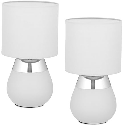 Relaxdays Tischlampe, 2er Set, Metallfuß, Stoffschirm, E14, H x D: 32 x 18 cm, Nachttischlampe mit Kabel, grau/Silber