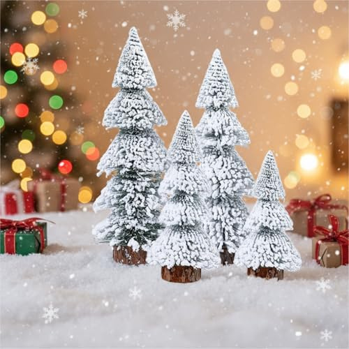 JECOMPRIS 4pcs Mini Artificial Flocked Cedar Tree: Bottle Brush Christmas Trees 4 Size with Wooden Base for Winter Holiday Party Desktop Decoration
