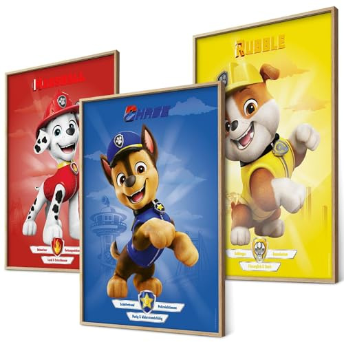 canvea PAW Patrol Poster Set – Kinderzimmer Wanddeko – Geschenkidee Kinder – 3x A3 Poster (Chase, Marshall & Rubble)