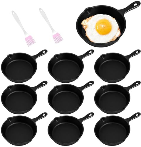Lot de 10 Mini Poêles en Fonte 10 cm, Poêlons Individuels avec Poignée | Petites Poêles à Frire pour Œufs, Tapas et Desserts, Compatibles Induction, Four, Gaz et Barbecue