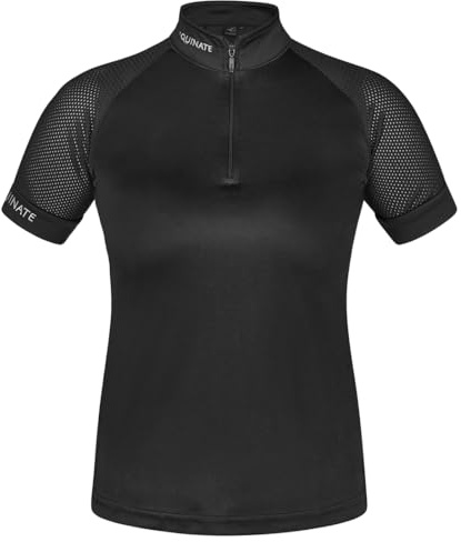 Equinate Damen Funktionsshirt Lunari - leichtes Kurzarmshirt mit Stehkragen und Mesh-Ärmeln - atmungsaktiv elastisch und schnell trocknend für Reitsport und Training M Schwarz