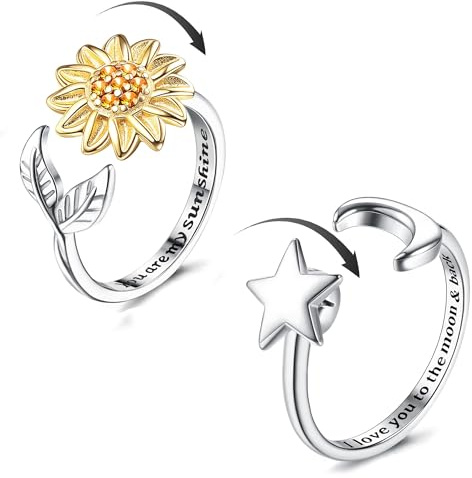 KRFY 2 Pezzi Anello Antistress Donna Argento Fidget Spinner Anello Regolabile Donna Girasole Stelle Fidget Anelli per Digitopressione Set di Anelli Antistress a Rotazione Aperta Regali con Scatola