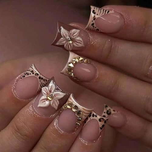 TESGADGETS Lot de 24 faux ongles courts et carrés avec motif léopard en relief, strass floraux et décoration réutilisable