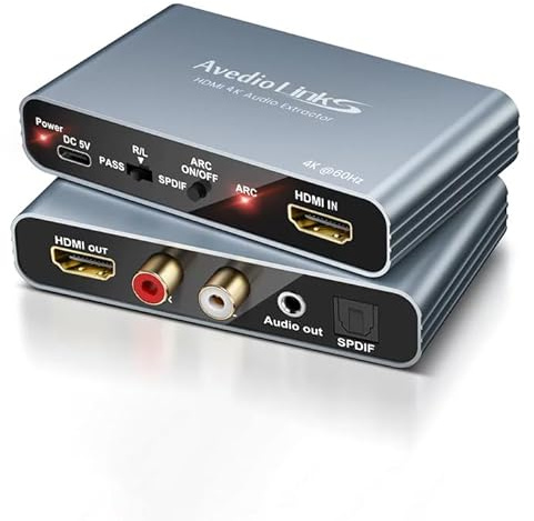 HDMI ARC Audio Extractor 4K@60Hz – HDMI to Optical, SPDIF, RCA, 3.5mm AUX Audio Converter for TV, PS5, Soundbar, Speakers, Amplifiers | Supports LPCM 5.1/DTS/DSD | External Audio Splitter