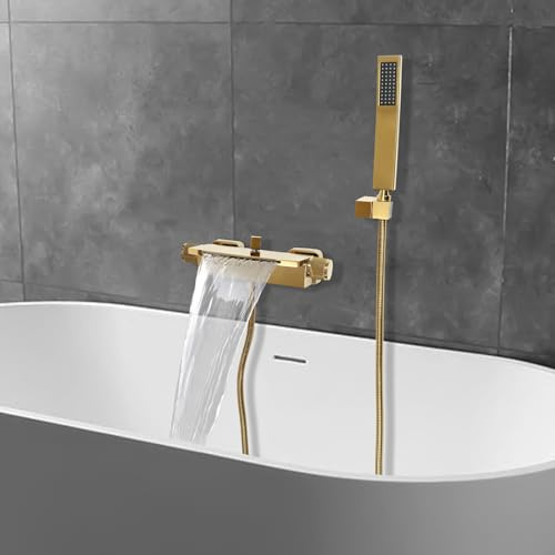 Grifo de bañera para bañera, grifo de cascada, grifo de ducha caliente y frío, grifo con ducha de mano de latón para casas, hoteles, pensiones (dorado)