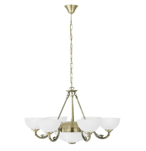 EGLO Pendelleuchte Savoy, 8 flammige Hängelampe Vintage, Rustikal, Hängeleuchte aus brüniertem Metallguss, satiniertem Glas in Weiß, Esstischlampe, Wohnzimmerlampe hängend mit E14 und E27 Fassung