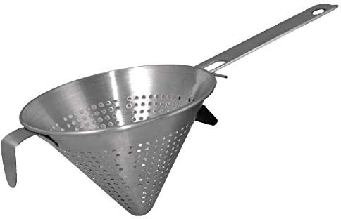 Vogue Conical Strainer - 180mm 7 | Rests securely over deep pans using the integrated hook, freeing up hands for pouring smooth purées and sauces.