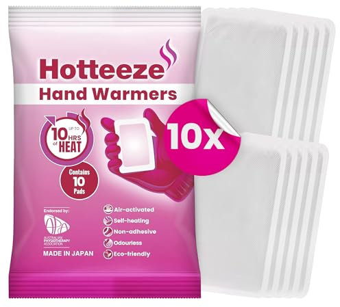 Hotteeze Hand Warmers - 10 Pads Odourless, Self-Adhesive, Disposable Glove Warmers for Pain Relief, Instant Air-Activated Pocket Heater, Provides 10 Hours of Heat for Cold Hands and Sore Muscles