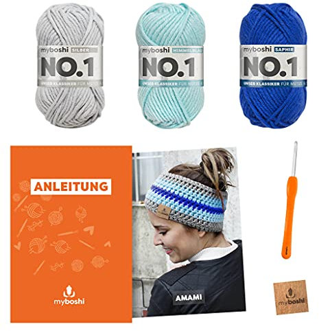 myboshi Häkelset Stirnband Amami, inkl. No.1 Wolle, Nadel und Anleitung, für Mützen und Stirnbänder, Häkelpaket, 30% Merinowolle Blau, mit Häkelnadel