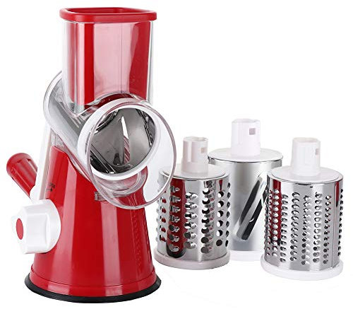 Ourokhome Vegetable Mandoline Slicer Chopper- Rotary Cheese Grater with 3 Interchangeable Ultra Sharp Cylinders Stainless Steel Blades(Red)
