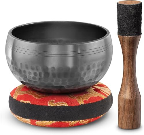 Bol Tibétain – Bol Tibétain Chantant pour la Purification et la Méditation – Silent Mind – Bol Méditation – Inclut un Maillet avec Prise en Main Type Crayon et un Coussin