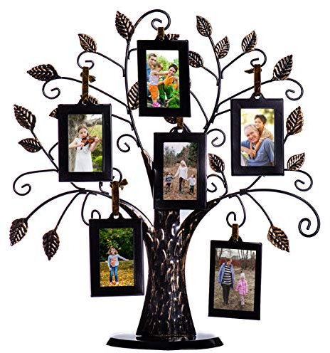 Klikel Family Tree Picture Frame Stand with 6 Hanging Photo Picture Frames - Medium Metal Tree 12 X 11 - Holds 6 Ornamental 2x3 Frames