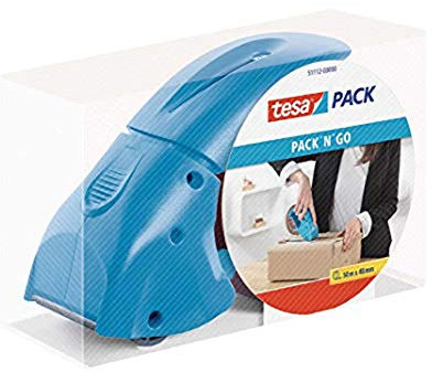 tesapack Abroller Pack' n' Go - Ergonomischer, blauer Handabroller für Paketbänder - Inklusive 50 m x 48 mm Klebeband (3 Abroller)