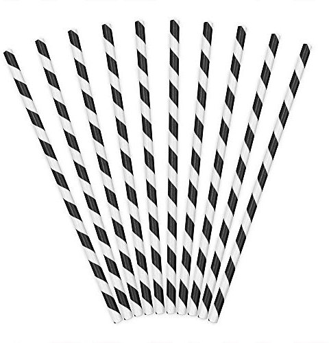 DekoHaus Lot de 10 pailles en papier, 19,5 cm, noires avec des rayures blanches, pour boire