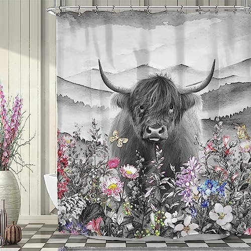 SVBright Farmhouse Highland Cow Duschvorhang, lustige Western-Tierwelt, graues Blumenmuster, Badezimmer-Duschvorhänge, Landhorn-Rindertiertier, niedlich, wasserdichte Stoffplatten, 152x183 cm (BxL)