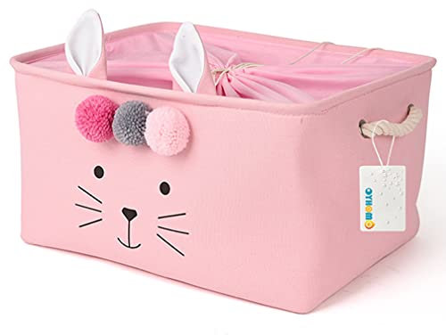 OYHOMO Panier de Rangement Pliable en Tissu pour Chambre d'enfant, Panier à Jouets Bébé Fille, Grand Boîte de Rangement Rectangulaire avec Cordon de Serrage, 40 x 30 x 21cm, Rose