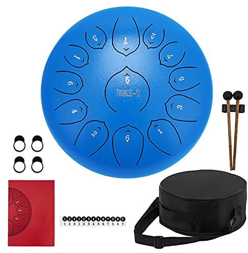 PROMISE-YZ 12 Zoll 13 Tone Tongue Drum, ätherische Trommel Schlagzeug Instrument Hand mit Schlagzeug Schlägel Taschen Tragen, Hand Pan Drum mit Trommelschlägeln Note Sticks für Meditation Yoga (Blue)