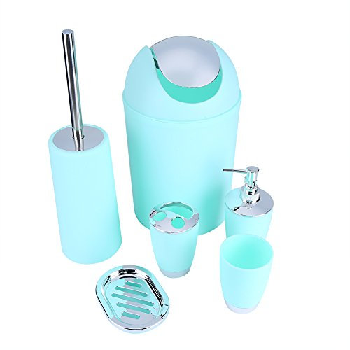 Juego de Baño de 6 Piezas, Juego de Accesorios de Baño, Portacepillos de Taza, Dispensador de Jabón, Jabonera, Mini Cubo de Basura, Escobilla de Baño con Soporte (Verde Menta)