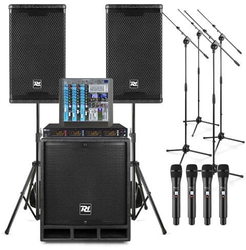 Power Dynamics PD COMBO1500 PA Setup for Live Band - 15 Subwoofer, Dual 8 Speakers, 8-Channel Mixer, 4 Wireless Mics, Sound System for Band Practice