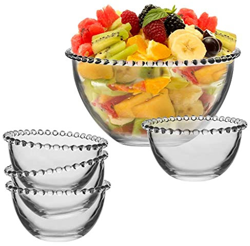 Fruit Salad Bowl Set - Large Beaded Glass Bowl & 4 Dessert Bowls Dining Serveware Set Alfresco Dining Tableware