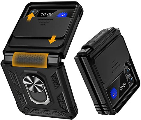 Fewdew for Z Flip 4 Case,Galaxy Z Flip 4 Case with Slide Camera Cover Hinge Protection & 360°Rotate Ring Magnetic Kickstand,Military Shockproof Protective Armor Case for Samsung Galaxy Z Flip 4,Blcak