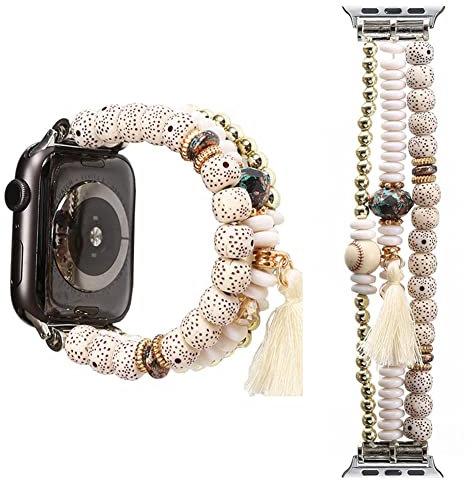 Creyoo Fashion Watch Band Compatibile con Apple Watch Band 38Mm-45Mm, Cinghia di Elasticità della Fascia Elastica Naturale,Tassel White,38/40/41mm