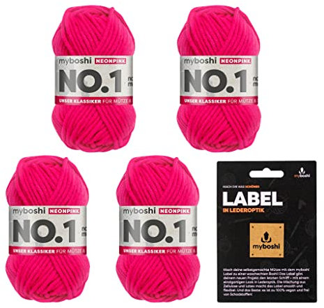 myboshi No.1 Wolle zum Häkeln und Stricken, Schnellstrickgarn, inkl. Label, Strickwolle, Häkelwolle, mulesing-frei, Ll. 55m /50g, 30% Wolle (Merinowolle) Neonpink, 4 Knäuel
