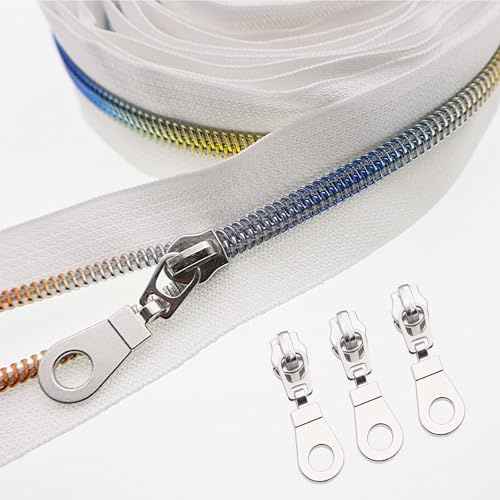 #5 Colorful Metallic Nylon Coil Zippers by The Yard, Bulk White Zipper Tape 10 Yards with 25Pcs Pulls for DIY, Sewing, Craft, Bags YIGUANXIN