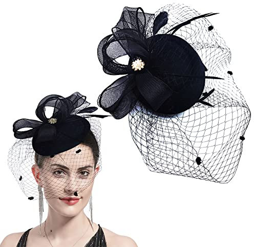 FLOTRUTE Fascinator Hüte 20er 50er Jahre Hut Haar Clip Accessoire Fascinator Hut Damen Feder Mesh Kopfbedeckungs Faszinator Hut, Schleier Mesh Stirnband, Kirche Haarschmuck, Hochzeit Mesh Stirnband