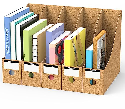 hoinya Magazine Files Holder, Cardboard Magazine Rack Pack of 5 with 5 Labels A4 File Organiser Box Recyclable Paper Files Folders for School Office Desktop File Paper Divider Storage