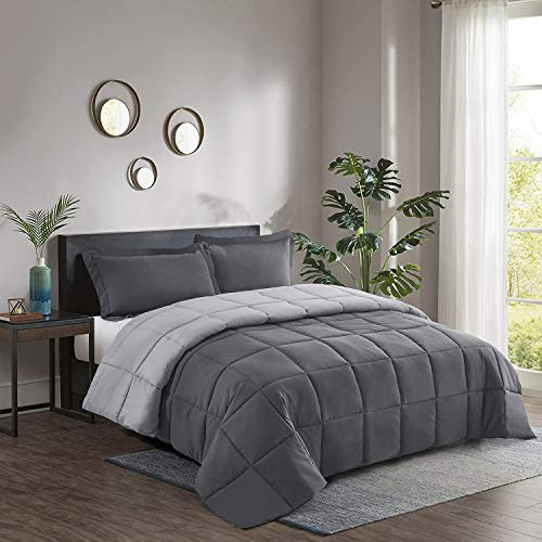 HIG Bettdecke 260x220 cm Set mit 2 Kissenbezügen – Oeko-TEX zertifizierte Grau Steppdecke, Kastenförmig genähtes Design – 2700g Daunenalternative, Weich, Flauschig